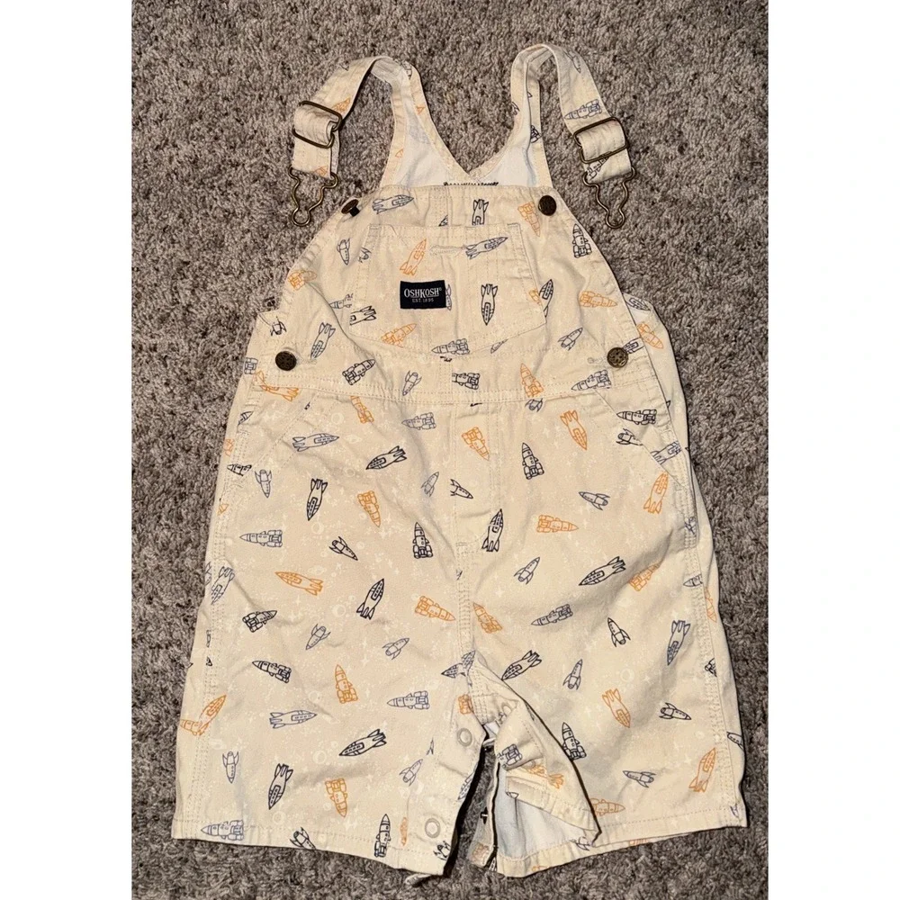OshKosh B'gosh 24M Rocket Print Shortalls Cream/beige‎ Orange Blue